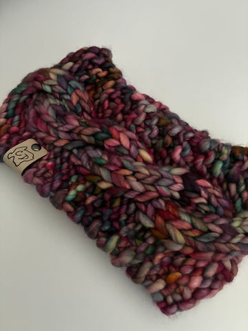 Handmade Cabled Headwrap knit w Merino Wool winter Headband, multicolored