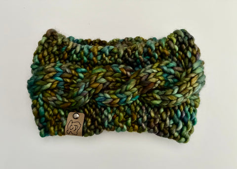 Handmade Cabled Headwrap knit w Merino Wool winter Headband, multicolored