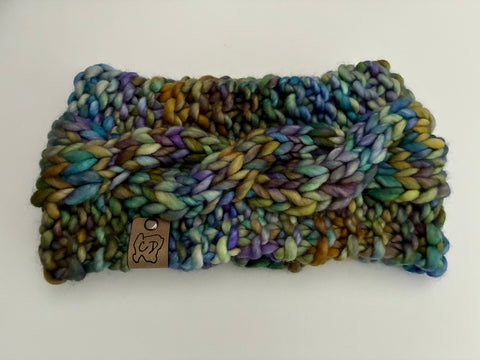 Handmade Cabled Headwrap knit w Merino Wool winter Headband, multicolored