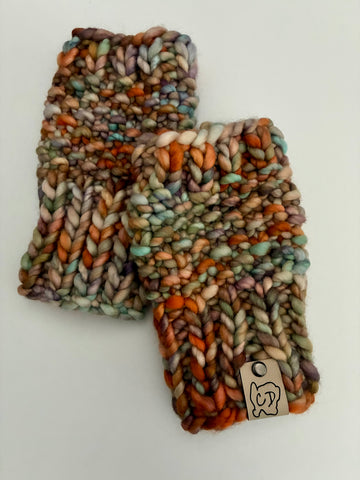 Fingerless Hand Warmers, knit w Merino Wool, multicolored